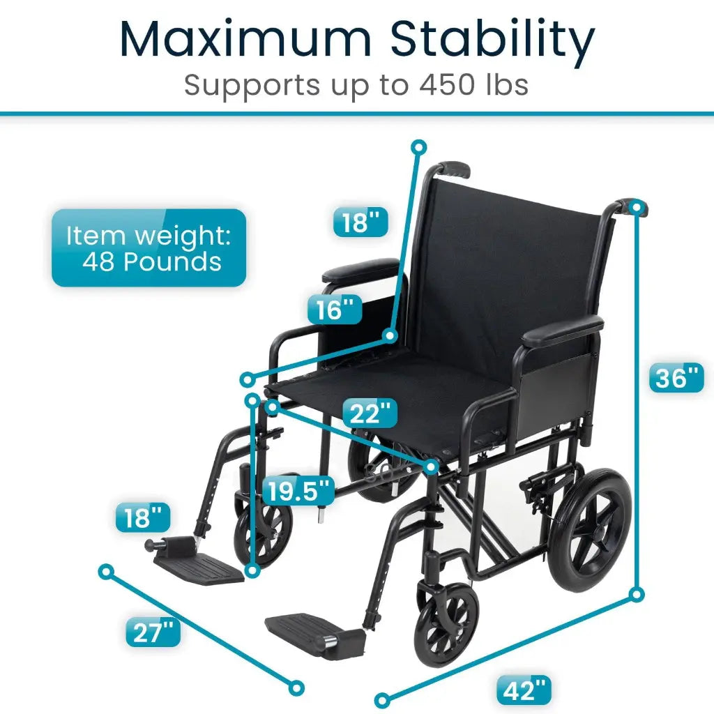 Vive - Wheelchair - Bariatric Transport Wheelchair - 22" - 450lbs - Black