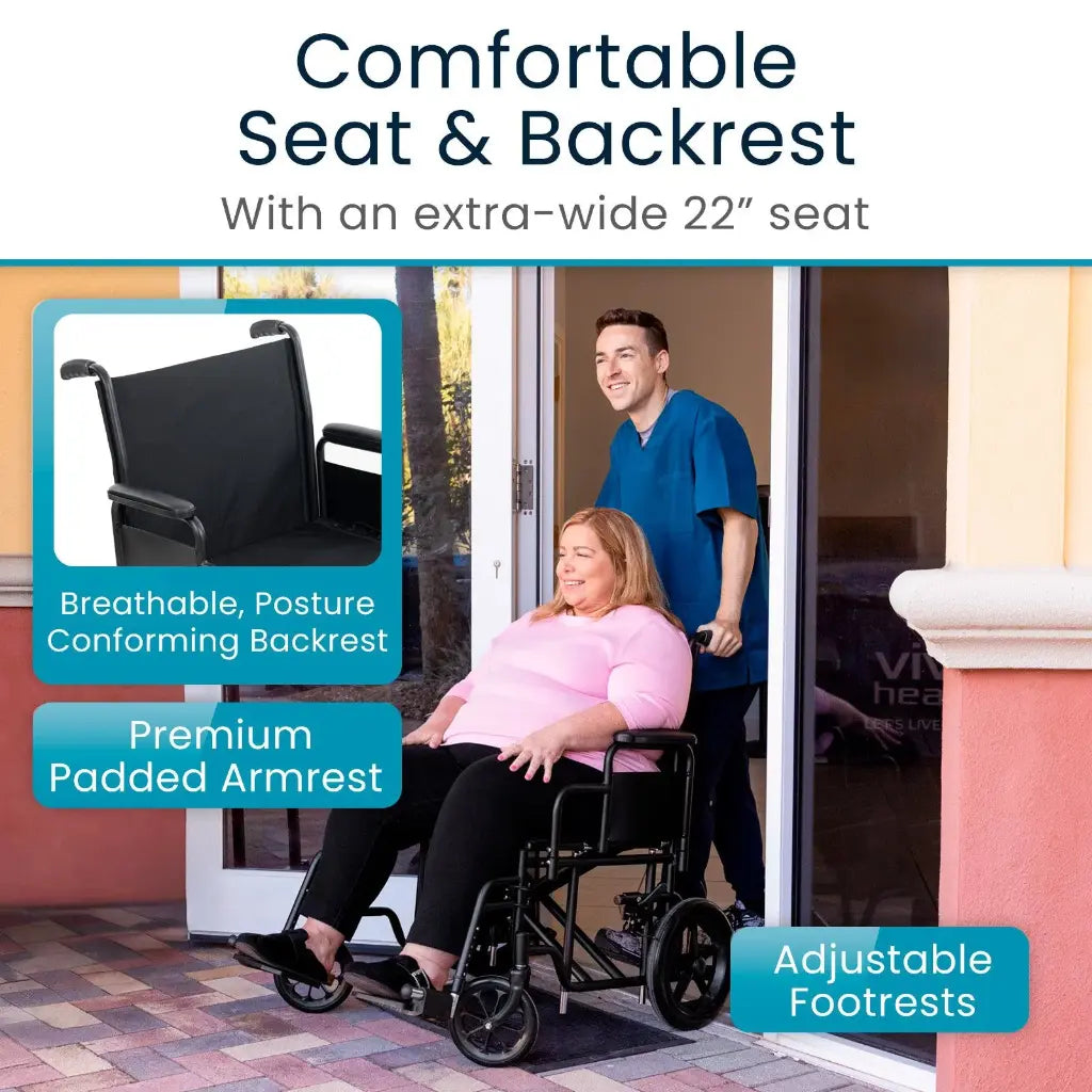 Vive - Wheelchair - Bariatric Transport Wheelchair - 22" - 450lbs - Black