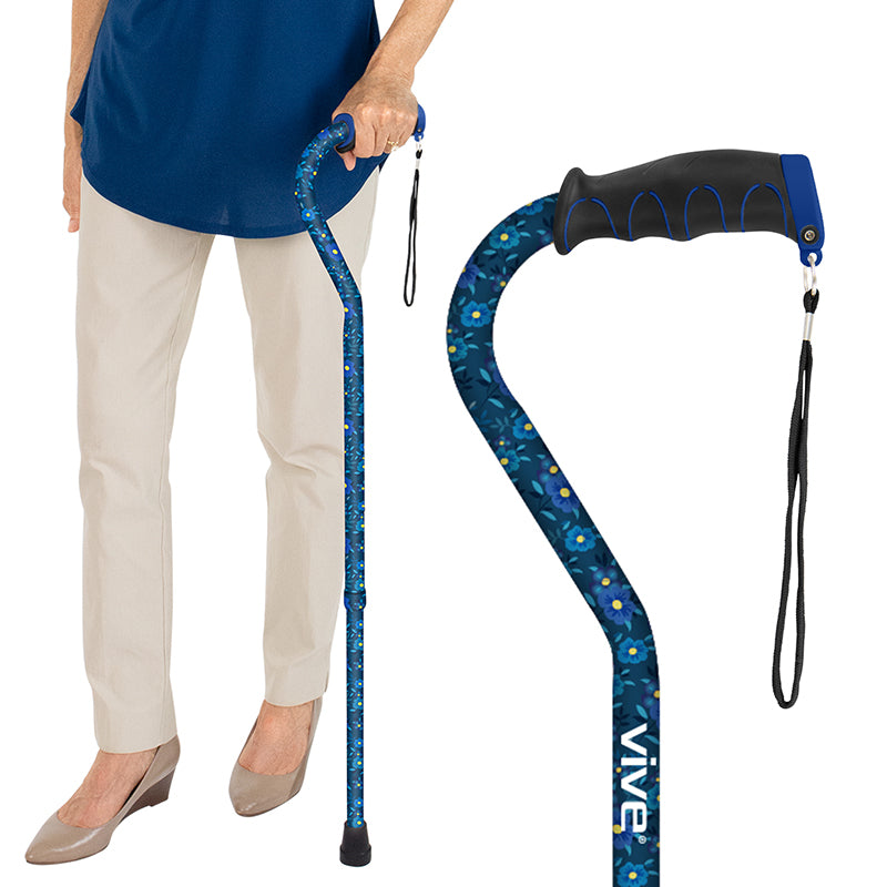 Vive - Offset Cane - Black, Teal, Purple, Black or White Butterfly, Blue Floral, Leopard, Blue Burst, Grey Poly - HCPCS: E0100