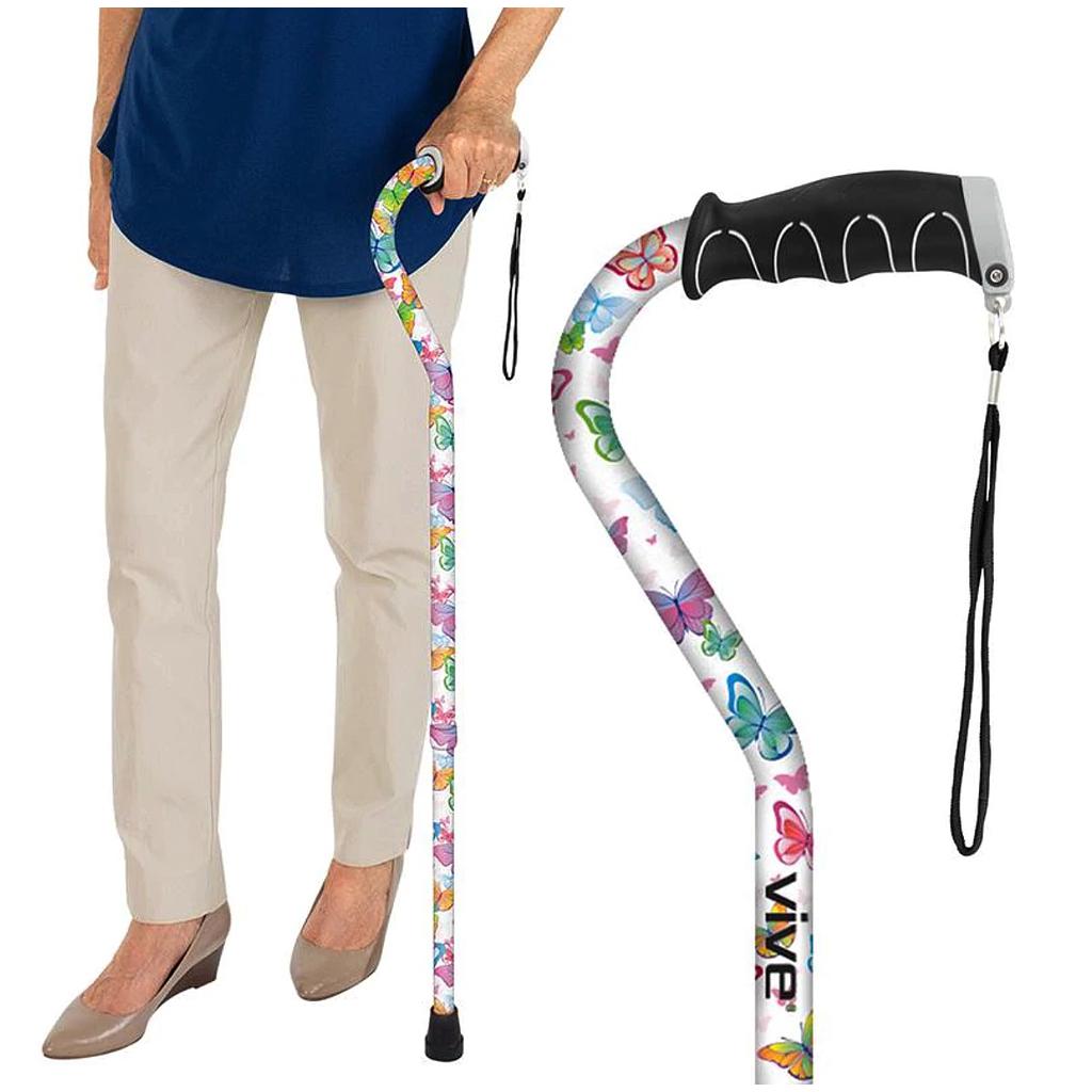 Vive - Offset Cane - Black, Teal, Purple, Black or White Butterfly, Blue Floral, Leopard, Blue Burst, Grey Poly - HCPCS: E0100