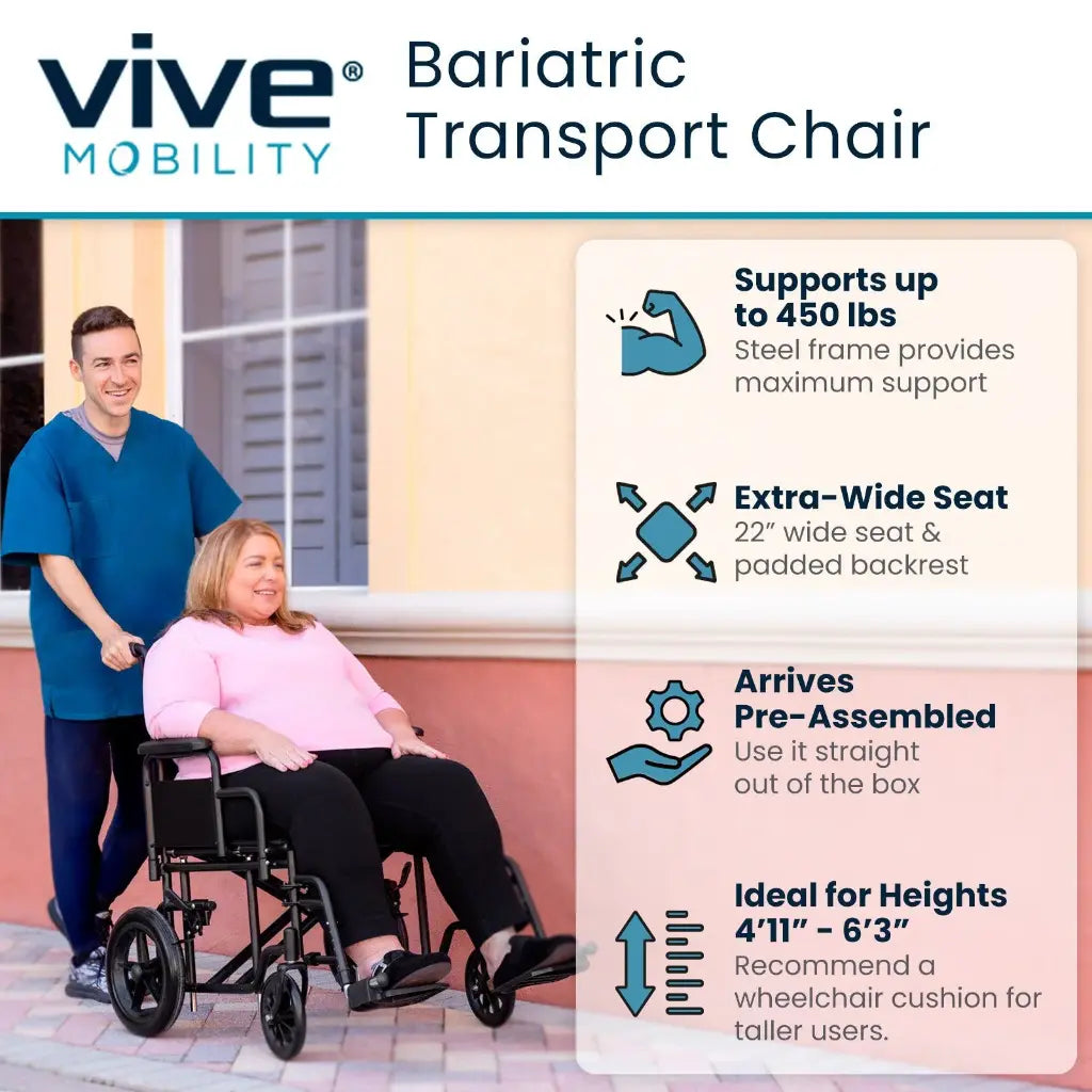 Vive - Wheelchair - Bariatric Transport Wheelchair - 22" - 450lbs - Black