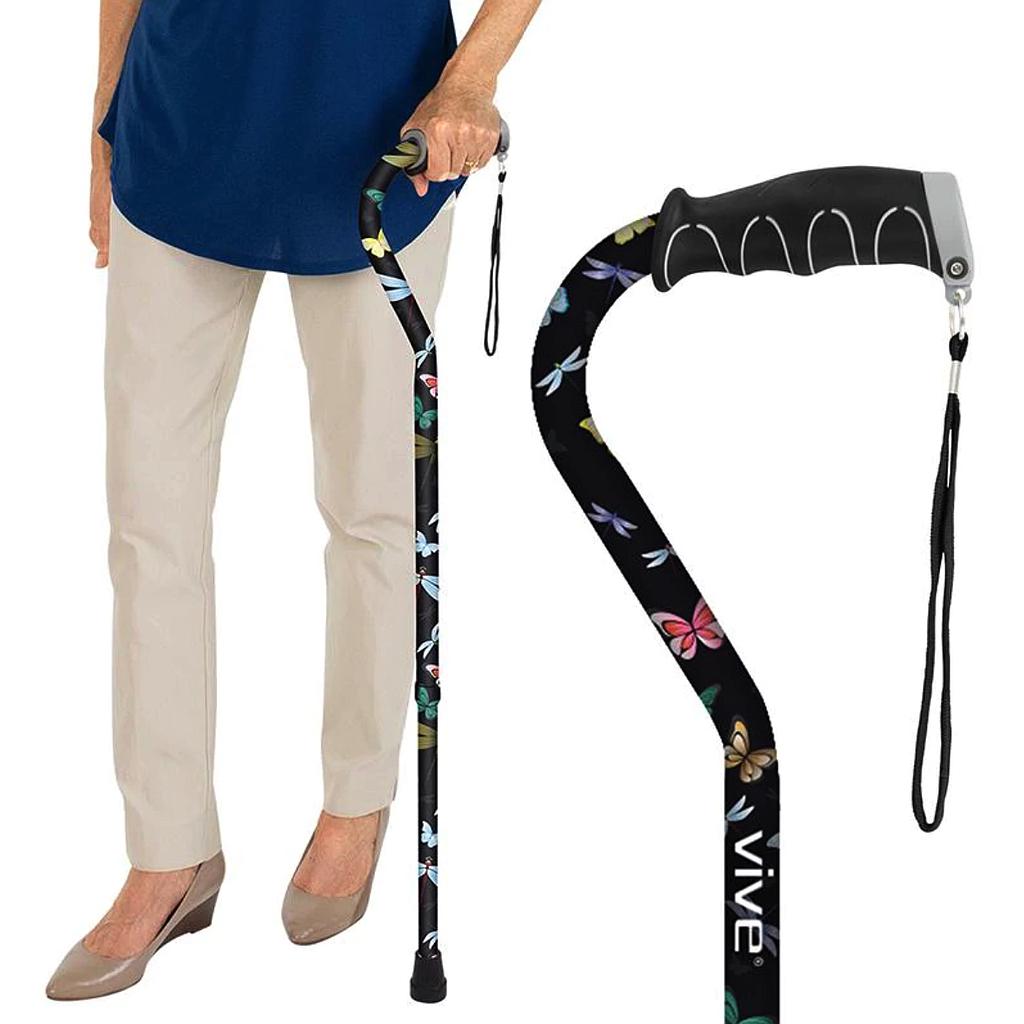 Vive - Offset Cane - Black, Teal, Purple, Black or White Butterfly, Blue Floral, Leopard, Blue Burst, Grey Poly - HCPCS: E0100