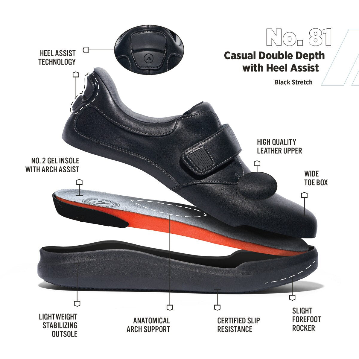 Anodyne - Diabetic Shoes - Hands Free No. 81 Women's Casual Double Depth - Black Stretch - HCPCS: A5500